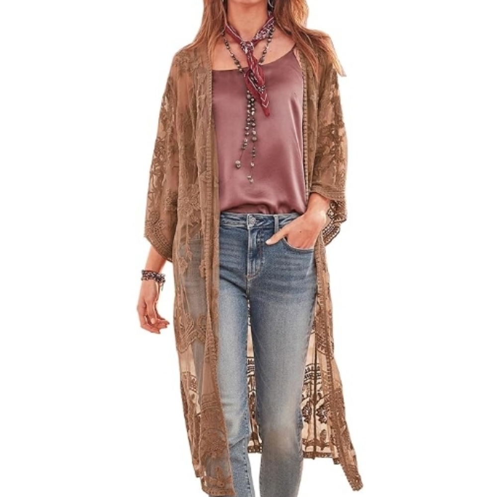 Long Flowy Lace Kimono Cardigan Boho Style Open Cover Ups Brown